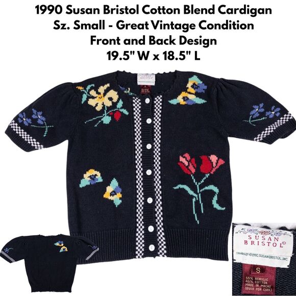 Vintage Susan Bristol Floral Checker Knit Cardigan Sweater S 90s Short Sleeve - Picture 1 of 6